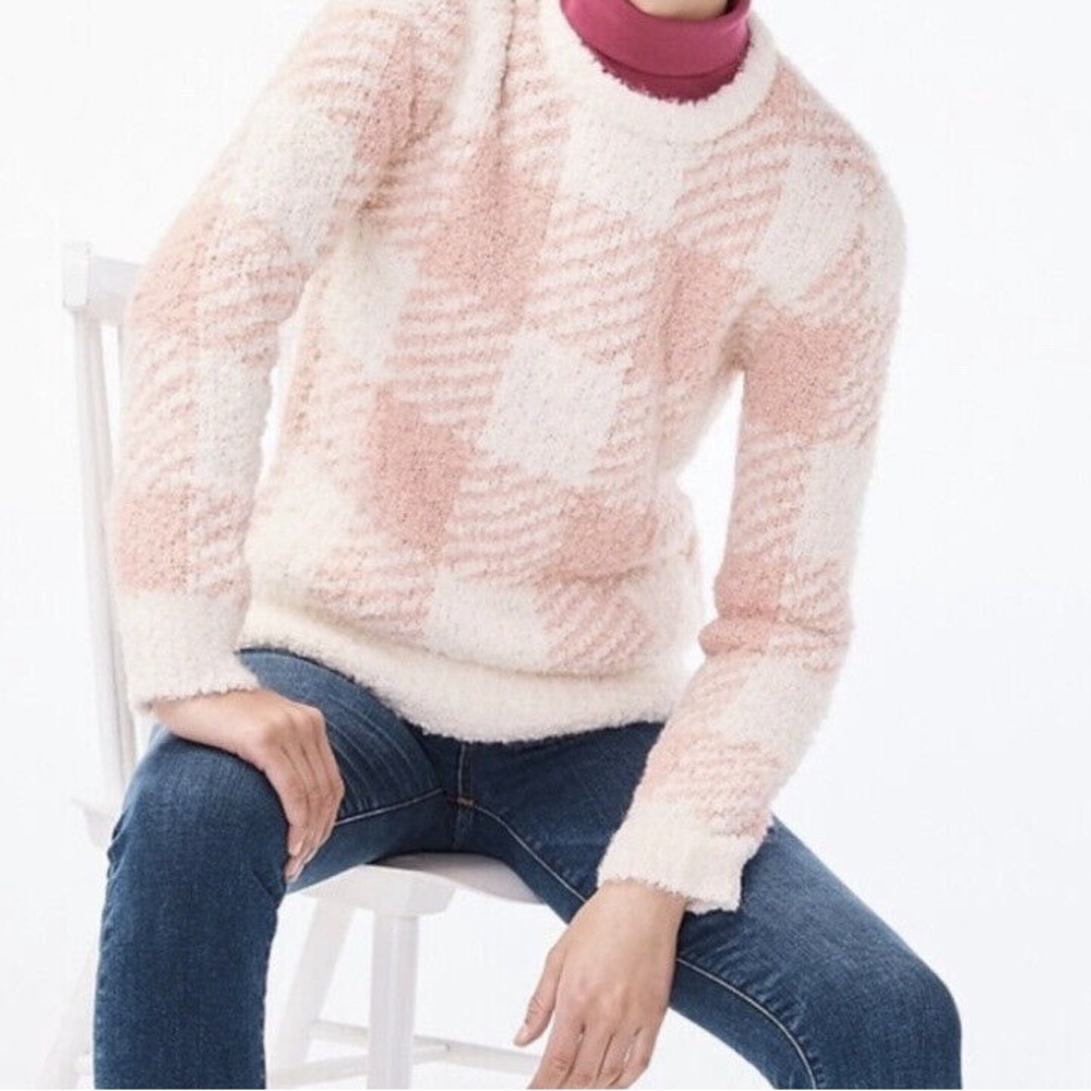J. CREW Boucle Buffalo Check Plaid Chunky Sweater Pink White Wool Alpaca Size XL